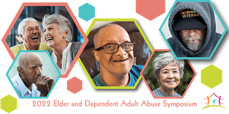 five hexagons with a blue, pink or green border have pictures of elder aduls. from left to right a man with hands clapsed in front of his face, a male and female laughing, a man with glasses smiling, a woman with short gray hair smiling and a man looking down wearing a hoodie and beanie